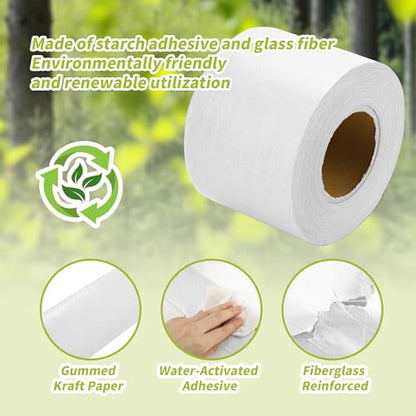 2 Rolls Reinforced Water Activated Tape,2" x150ft(50yds) Per Roll,White Gummed Kraft Paper Tape with Strong Fiberglass,Adhesive Surface is Sticky When Wet.Suit for Packing Boxes.