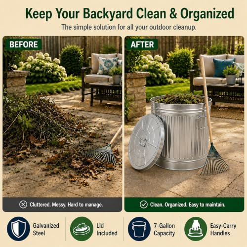 Gardenised Round Galvanized Steel, 7 Gallon Trash Can with Lid - Durable Metal Bucket for Backyard, Lawn, Garden and Yard Use - Weather-Resistant Garbage Can for Indoor and Outdoor, 13 inch - size: 7 Gallons