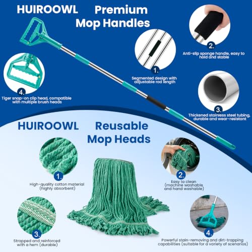 Commercial Mop with 3 Replacement Heads & 1 Handles, 64" Long Handle Heavy Duty Industrial Wet String Cotton Mop, for Concrete/Tile/Garage Floors-Home, Kitchen