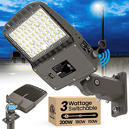 AKK LED Parking Lot Light 200W 180W 150W Adjustable, 32000LM 160LM/W 5000K, Dimmable Shoebox Area Light with Photocell, IP65 ETL 100-277V Arm & Slip Fitter Mount for Driveways, Warehouses & Streets - size: 200W/180W/150W Switchable