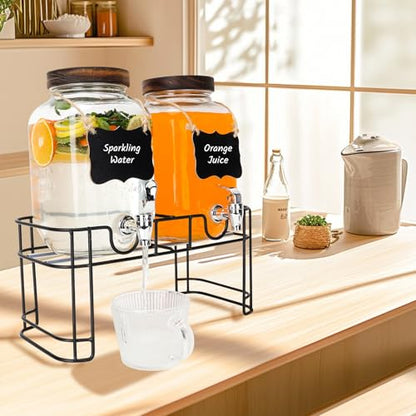 2 Pack 1 Gallon Glass Drink Dispensers with Wood Lid, Stand, Spigot - size: 2 Pack 1 Gallon with Wood lid