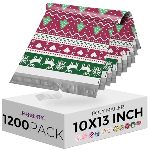 Fuxury Christmas Poly Mailers 10x13 Inch 1200 Pack,Sturdy Shipping Bags for Clothes, Self Adhesive Shipping Envelopes, Waterproof Mailing Packaging Bag for Small Business Red Tree Elk Love - color: Christmas Tree Elk, size: 10x13" 1200pcs