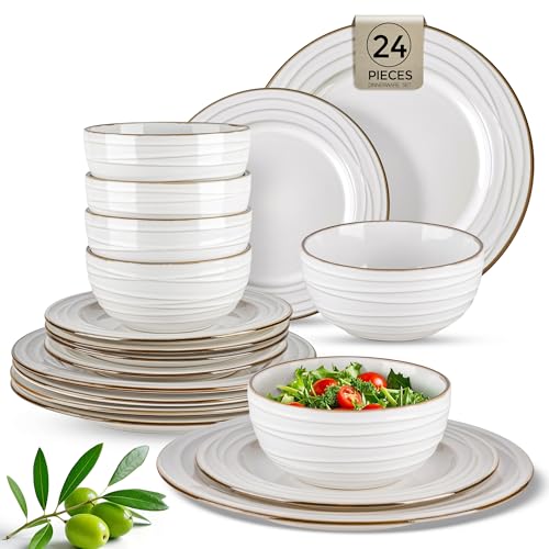 GBHOME Ceramic Dinnerware Sets of 8,24 pcs Plates and Bowls Sets Dishes - color: Pearl White-Wave, size: Service for 8 (24 pcs)