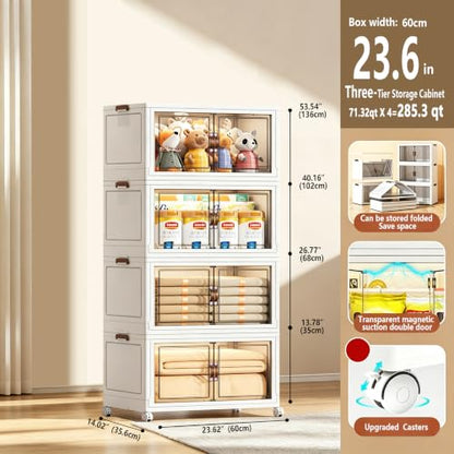 285.3QT Foldable Stackable Storage Bins with Magnetic Doors & Lockable Wheels, 4 Pack Large Plastic Closet Organizer, Tool-Free Storage Box for Bedroom Kitchen Bathroom Dorm Office Garage - size: 4PACK-23.62"W14.02"D53.54"H