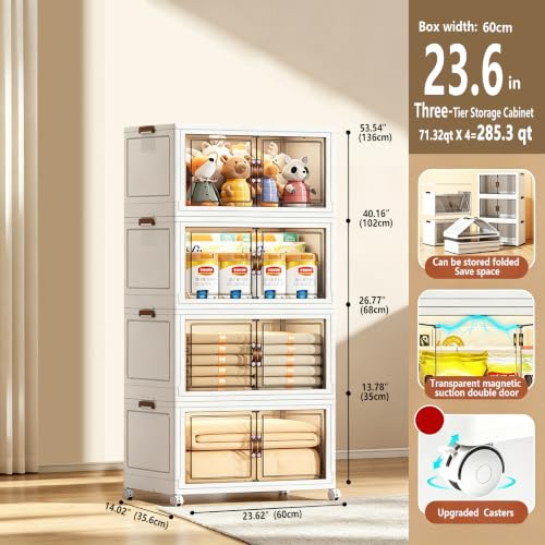 285.3QT Foldable Stackable Storage Bins with Magnetic Doors & Lockable Wheels, 4 Pack Large Plastic Closet Organizer, Tool-Free Storage Box for Bedroom Kitchen Bathroom Dorm Office Garage - size: 4PACK-23.62"W14.02"D53.54"H