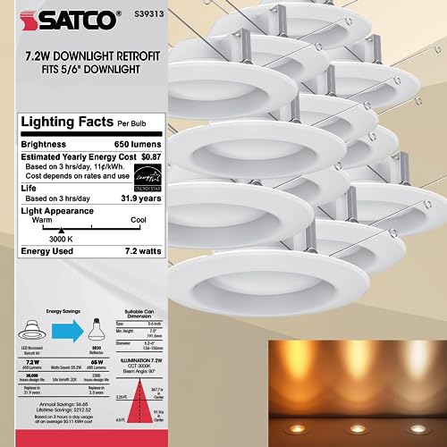 Satco S39313 7.2 Watt LED Downlight Retrofit; 5-6 Inches; 3000K; 120 Volt; White Finish, for Industrial,Residencial,Commercial 6 Bulbs