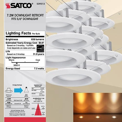 Satco S39313 7.2 Watt LED Downlight Retrofit; 5-6 Inches; 3000K; 120 Volt; White Finish, for Industrial,Residencial,Commercial 6 Bulbs