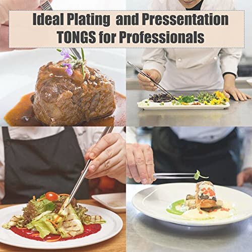 Professional Culinary Stainless Steel Precision Tongs with Serrated Tips, Plating/Food Presentation Detailing Serving Tongs, Chef's Kitchen Tweezer Tongs - Ultra Non-Slip Grip (12 Inch) - size: 12" Straight