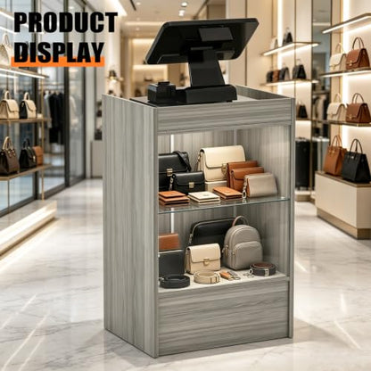 24" W x 18" D x 38" H - Gray Retail Cash Register Stand Cash Wrap Checkout Desk Portable Counter Podium Stand with Glass Shelving Case for Retail Store, Meetings Reception - color: Gray