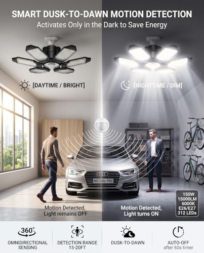 BRAINIAC Motion Sensor Garage Light with 3 Switch Modes, E26/E27 Screw in Garage Lights Ceiling LED Motion Activated for Garage/Shop/Porch-150W 15000LM 6000K