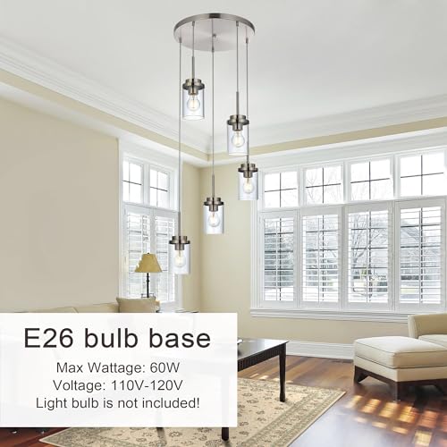 MELUCEE 5-Light Cluster Pendant Lights Stairwell Lighting Brushed Nickel - color: Brushed Nickel, size: 5 Lights-1 Pack Round