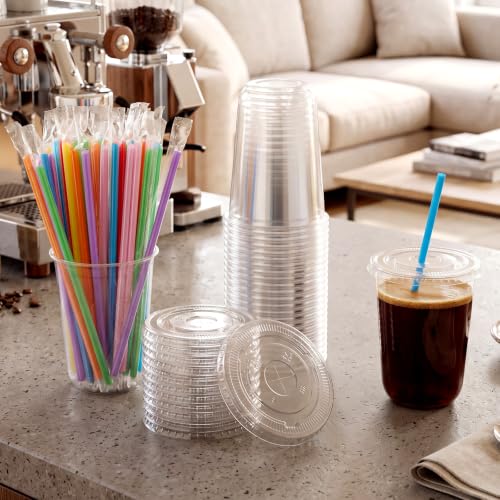 Ziliny 50 Pack 16 oz Plastic Cups with Lids Straws Iced Coffee, Multicolor - color: Multicolor, size: 16 oz