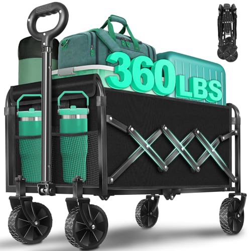 Collapsible Wagon Cart with Wheels Foldable, Black, 360 lbs Heavy Duty Folding Utility Wagon - Portable All Terrain Grocery Cart for Groceries/Shopping/Outdoor/Camping/Fishing/Sports - color: Black