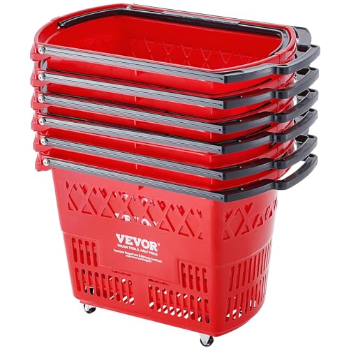VEVOR Shopping Carts with Handles, 6PCS, 39L Plastic Rolling Shopping Basket with Wheels, Large Portable Shopping Basket Set for Supermarkets, Retail Stores, Grocery Shopping, Red - color: Red