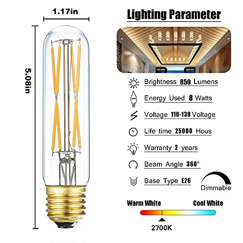 T10 Led Bulb, 8W Dimmable Led Tubular Bulbs, 75-100 Watt Equivalent, 2700K Soft Warm White,850lm, Clear Glass, E26 Base Lamp Bulb, for Cabinet Display Cabinet etc,3 Pack. - color: 8w=80w-2700k-3p