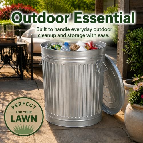 Gardenised Round Galvanized Steel 9 Gallon Trash Can with Lid and Handles Durable Metal Storage Bucket for Backyard Lawn Garden and Yard Use Weather-Resistant Garbage Can for Indoor and Outdoor - size: 9 Gallons
