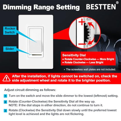 BESTTEN 5PK Dimmer Switch, Single Pole or 3-Way, Neutral Wire Not Required - color: White