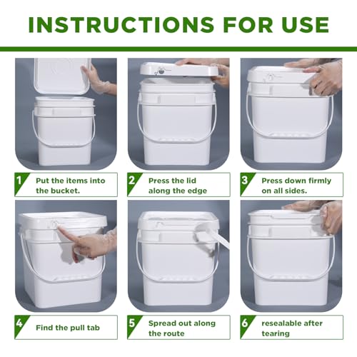 DEMORA 68oz Food Grade Square Plastic Bucket with Lid, Airtight Storage Container, Reusable Pail for Kitchen Food Water Ice Cream Household Use (White, 6Pcs) - color: White