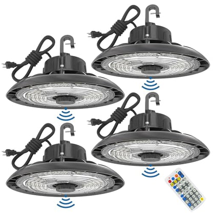 HYPERLITE 150W Smart High Bay LED Shop Lights 4pack, 140LM/W 5000K LED High Bay Lights with 1pack Remote Control & 4pack Motion Sensor, 120-277V High Bay LED Lighting for Garage Workshop Gym - size: 150W/4Pack