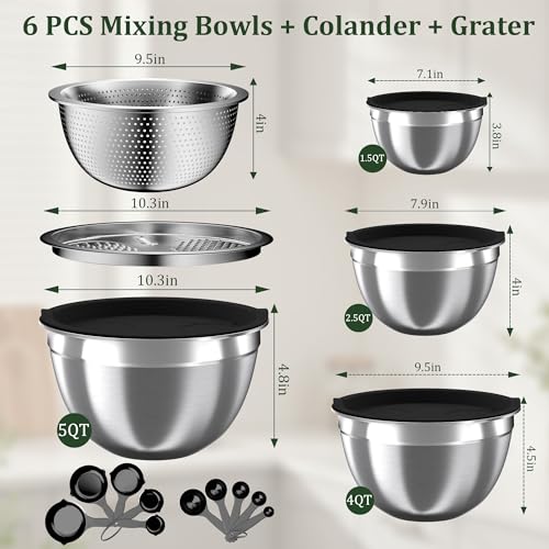 Nicdiet Mixing Bowls with Lids Set, 16PCS Stainless Steel Mixing Bowls,Nesting Storage Bowls for Kitchen with Mixing Bowl, Colander, Strainer & Grater, Metal Salad Bowl for Kitchen Gadgets, Black - color: Jet Black
