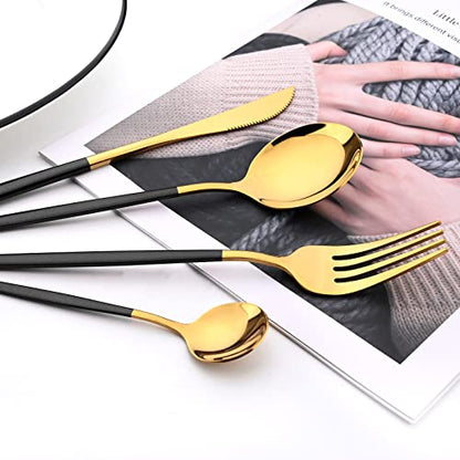 Mirror Cutlery Serving Set, 24-piece 18/0 Stainless Steel Silverware With Black Handle Simple & Modern Tableware For Home Party Restaurant Christmas Dinner, Service For 6 (Black Gold) - color: Black/Gold