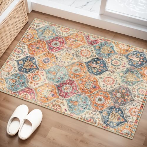 Lahome Washable Rugs for Entryway, 2x3 Kitchen Rugs Non Slip Washable - color: Burnt Orange/Teal Multi, size: 2' X 3' (Rectangular)