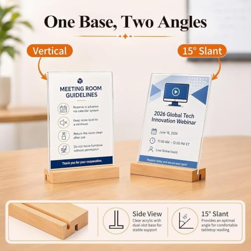 5x7 Acrylic Sign Holder with Wooden Base 4 Pack Adjustable Vertical/Tilt - color: Natural, size: 5"x7"