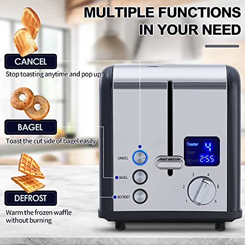 CUSIMAX 2 Slice Stainless Steel Toaster with Digital LED Display, Black - color: Black Stainless Steel, size: 2 Slice