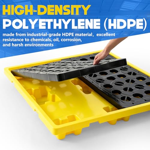 BreezeHug IBC Spill Containment Pallet with Drain, IBC Tote Secondary Containment Sump Pallet, 45 Gallon Capacity, Heavy Duty Hdpe Spill Tray 8818 Lbs Load, 51.2 x 51.2 x 6.7 Inch, Yellow
