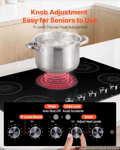VEVOR 30 Inch Induction Cooktop 5 Burners,Built-in Electric Stove Top,Knob Control, Ceramic Glass Surface,Low-Power Continuous Heating,11 Power Levels, Child Lock,9200W,220V No Plug - size: 30IN -knob control