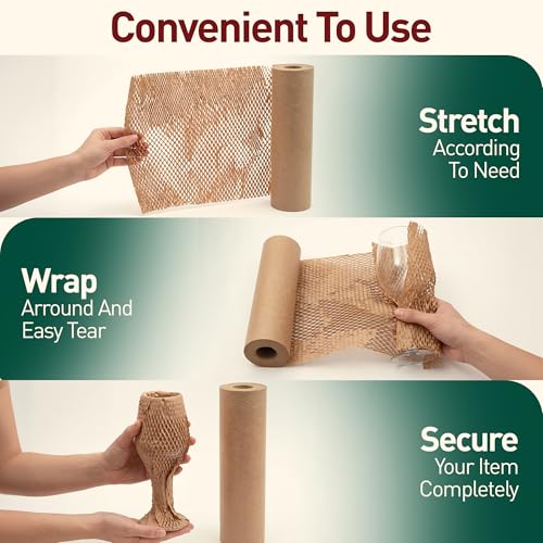 Honeycomb Packing Paper, 15 Inch x 50 FT – Eco-Friendly Recyclable Cushioning Wrap Roll for Moving & Shipping, Bubble Wrap Alternative with Rope, Ribbon & 40 Fragile Stickers - size: 15" x 50'