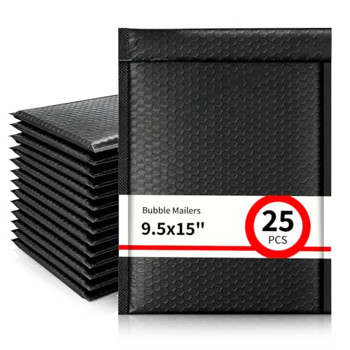25 Pack 9.5" x 15" Usable Size Bubble Mailers, Black Padded Shipping Envelopes with Self Seal Closure, Large Poly Mailers for Clothing, Books, Documents and Accessories - size: 9.5" x 15" (Usable Size) - 25 Pack