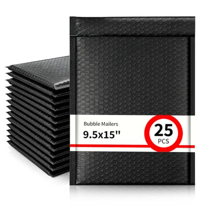 25 Pack 9.5" x 15" Usable Size Bubble Mailers, Black Padded Shipping Envelopes with Self Seal Closure, Large Poly Mailers for Clothing, Books, Documents and Accessories - size: 9.5" x 15" (Usable Size) - 25 Pack