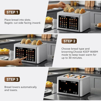 Mecity 4 Slice Toaster Wide Slot, Auto Lift Keep Warm Smart Toaster with Touch Screen, Dual Control Panel, Defrost, Auto Shut Off Digital Toasters for Bagel Muffin Waffle Gluten Free Breads 1700W 120V - color: 4 Slot-Brushed stainless steel