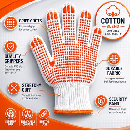 Winterlace 48 Pairs Cotton Grip Work Gloves Bulk Safety Protection Non-Slip PVC Rubber Dots Garage Construction Warehouse - color: 48 Pairs - Orange Dots