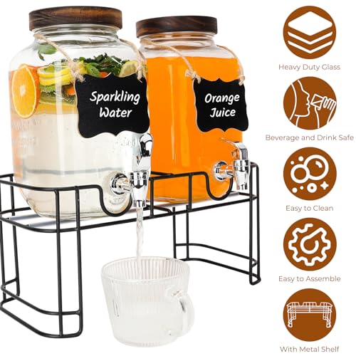 2 Pack 1 Gallon Glass Drink Dispensers with Wood Lid, Stand, Spigot - size: 2 Pack 1 Gallon with Wood lid