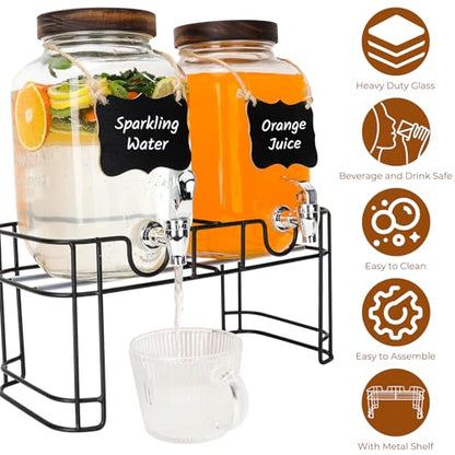 2 Pack 1 Gallon Glass Drink Dispensers with Wood Lid, Stand, Spigot - size: 2 Pack 1 Gallon with Wood lid