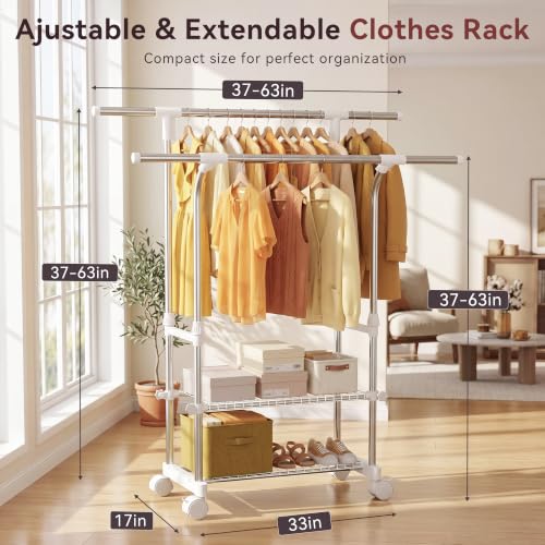 RORA Clothes Rack, Double Rod Rolling Clothing Racks for Hanging Clothes