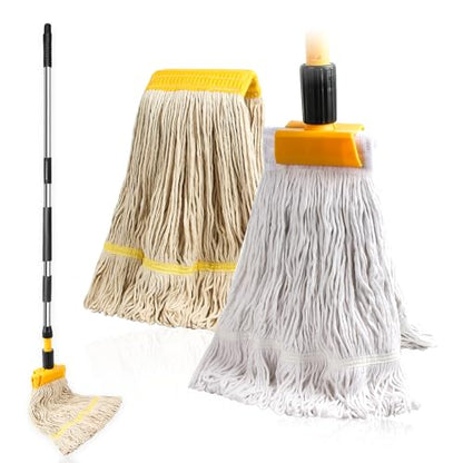 Commercial Mop Heavy Duty Industrial Mop with 2 Extra20oz Large Replacement Heads,60" Long Handle Heavy Duty Industrial Mops for Hardwood Wood Tile Vinyl - Reusable Cotton Head for Floor Cleaning