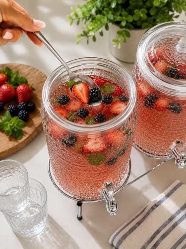 2 PACK-1 Gallon Glass Drink Dispensers for Parties, Hobnail Drink Dispenser, Beverage Dispenser with Stand and Glass Lid, 100% Leakproof Spigot, Perfect For Parties And Daily Use - color: Hobnail Clear-1 Gallon 2-PACK