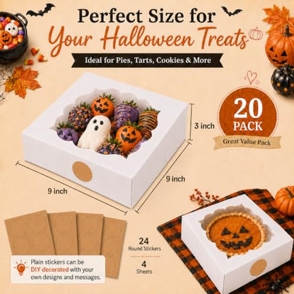 20 Pack Halloween Pie Boxes With Window, 9x9x3 Inch Bakery Boxes - color: White