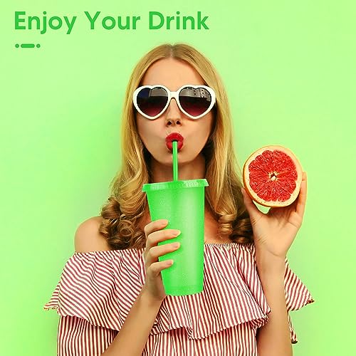 24 Pack Plastic Tumblers With Lids and Straws, Reusable Colorful Cups for Parties, Birthdays, Iced Coffee, Travel Mug, Cold Drinks (24 oz, Green) - color: Green-24pcs