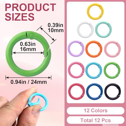 HINZIC Metal Spring O Rings, Round Colorful Keychain Snap Clip - color: 12 colors, 12pcs, 24 mm