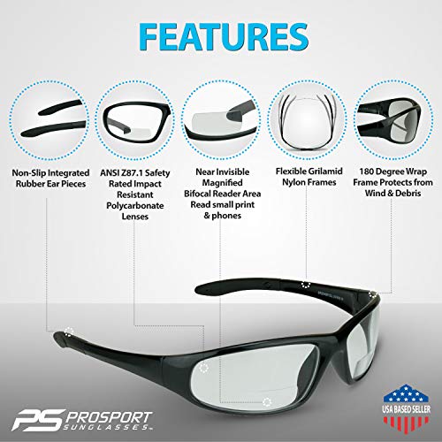 proSPORT Bifocal Safety Glasses ANSI Z87 Black Frame Clear Lens Safety Reading Glasses Men Women Industrial Work Protection - color: Clear - 2 Pairs