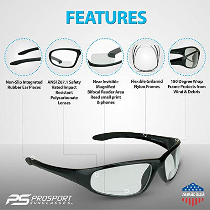 proSPORT Bifocal Safety Glasses ANSI Z87 Black Frame Clear Lens Safety Reading Glasses Men Women Industrial Work Protection - color: Clear - 2 Pairs