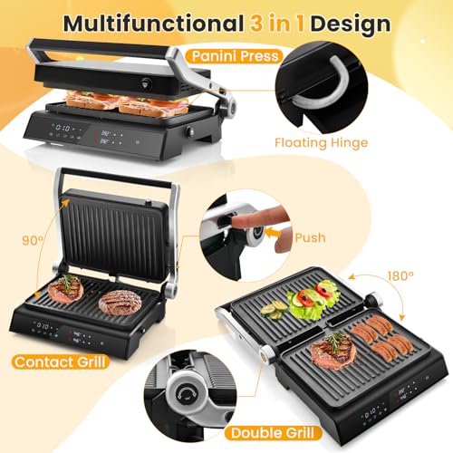 COSTWAY Electric Panini Press Grill, Gourmet Sandwich Maker with Tongs