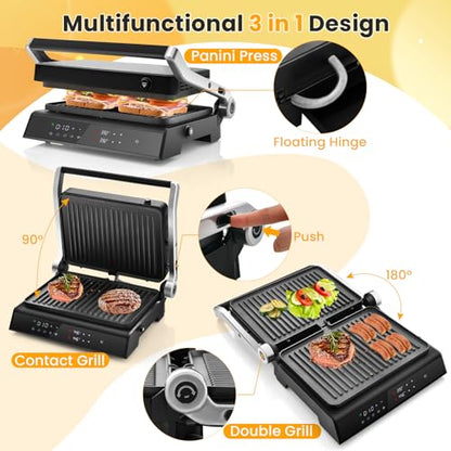 COSTWAY Electric Panini Press Grill, Gourmet Sandwich Maker with Tongs