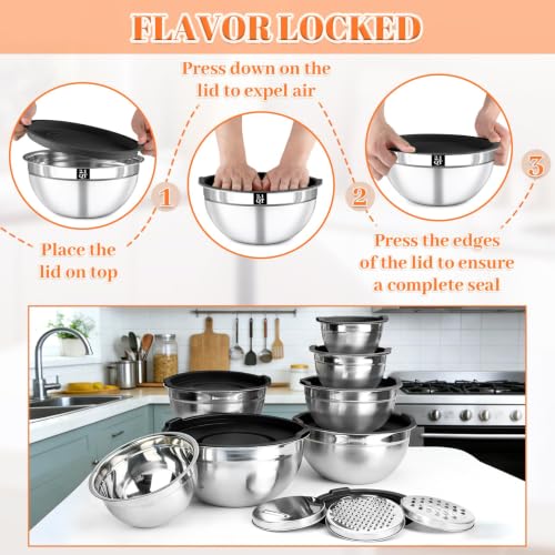 21PCS Mixing Bowls with Lids Set - 7 Nesting Mixing Bowls, 3 Graters, 11 Baking Tools, Lids, Stainless Steel Mixing Bowls for Mixing & Baking, Size 0.7/1.1/1.5/2.1/3.5/4/4.5 QT, Black - color: Mixing bowls 16Pcs Black-set