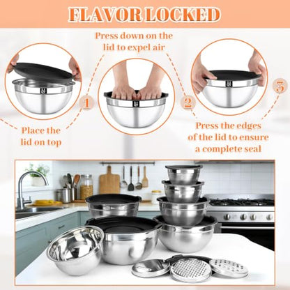 21PCS Mixing Bowls with Lids Set - 7 Nesting Mixing Bowls, 3 Graters, 11 Baking Tools, Lids, Stainless Steel Mixing Bowls for Mixing & Baking, Size 0.7/1.1/1.5/2.1/3.5/4/4.5 QT, Black - color: Mixing bowls 16Pcs Black-set