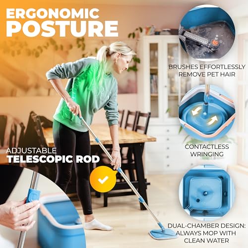 Mop and Bucket Set with Wringer, Dual-Chamber Flat Mop, Blue – ALANBERG - color: Blue